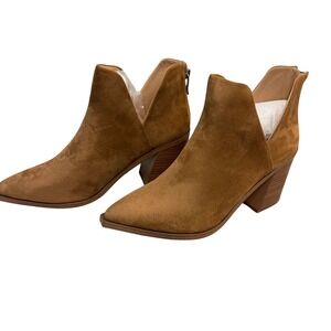 Fisace Womens Pointed Toe Stacked Block Heel V Cut Ankle Booties Tan Size 9 NEW